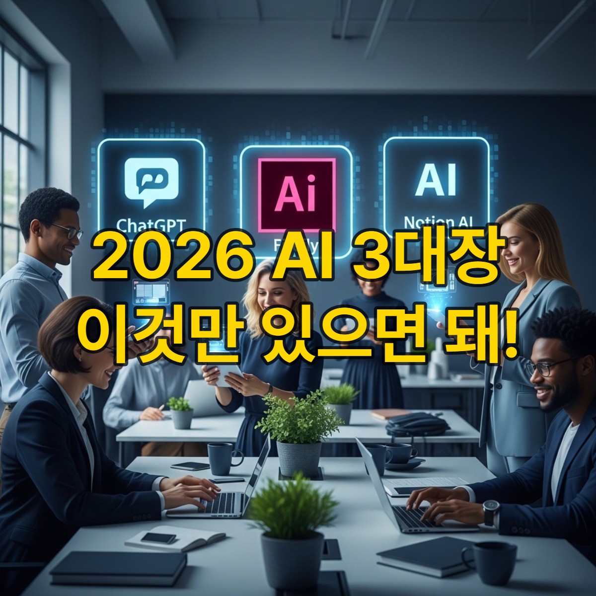 2026년 미래형 사무실에서 ChatGPT Plus, Adobe Firefly, Notion AI 세 가지 AI 도구를 활용하여 생산성을 높이는 전문가들의 모습.