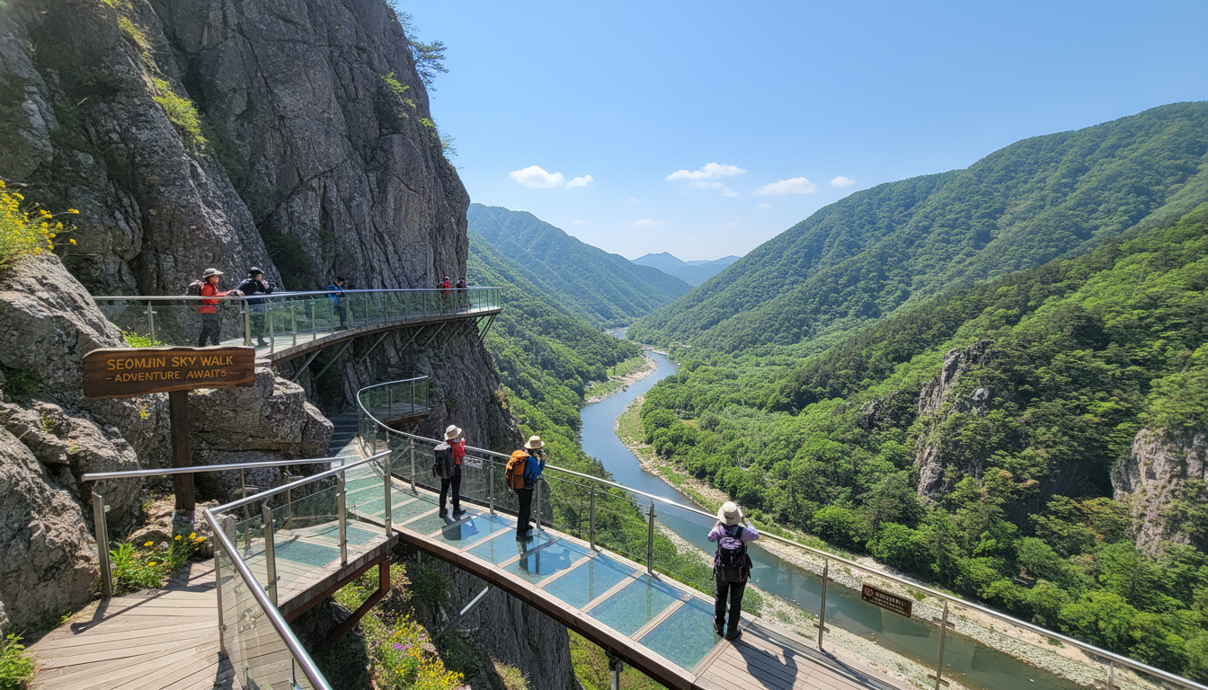 거대한 암벽에 설치된 순창 용궐산 하늘길 목재 데크와 굽이치는 섬진강 절경