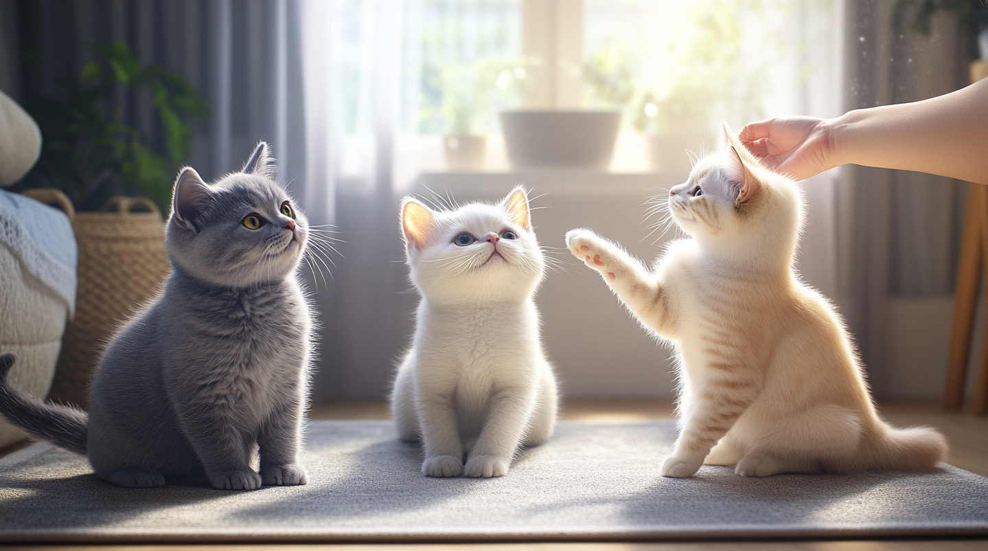 3마리의 고양이가 주인의 손을 바라보고 있음