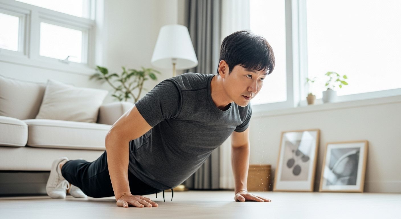 단식 중 홈트레이닝하는 한국 남성