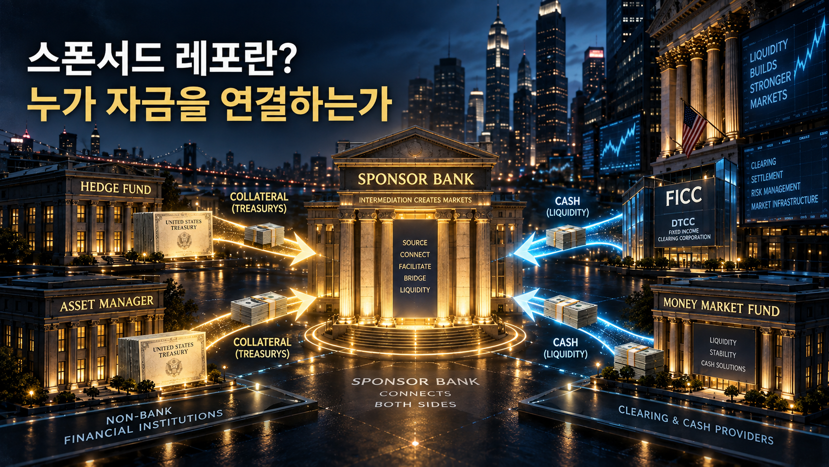 Sponsored Repo structure connecting hedge funds, sponsor banks, FICC and money market funds
