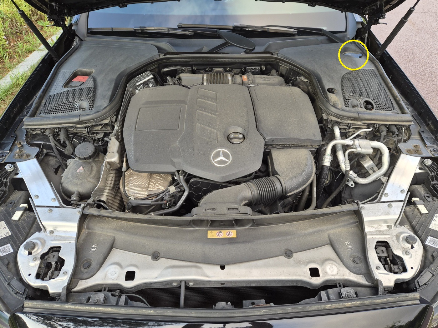 벤츠 E220d AMG Line 보닛 내부, 운전석 쪽 앞쪽에 위치한 파란색 워셔액 리저브 탱크 뚜껑