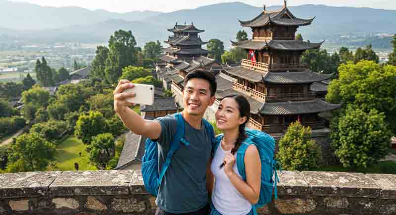 윈난성 리장고성을 배경을 셀카를 찍고 있는 젊은이들