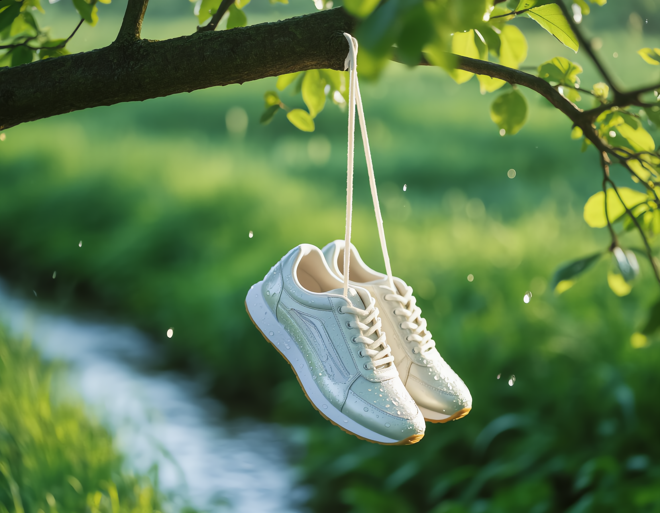 신발 끈을 나뭇가지 사이로 우아하게 끼운 운동화가 자연스럽게 매달려 건조되는 모습. 아침 햇살이 잎사귀 사이로 비추며 신발 표면의 물방울을 반짝이게 하고, 배경의 푸른 잔디와 흐르는 개울이 청정한 에코프렌들리 이미지를 강조하는 아웃도어 광고 컨셉.