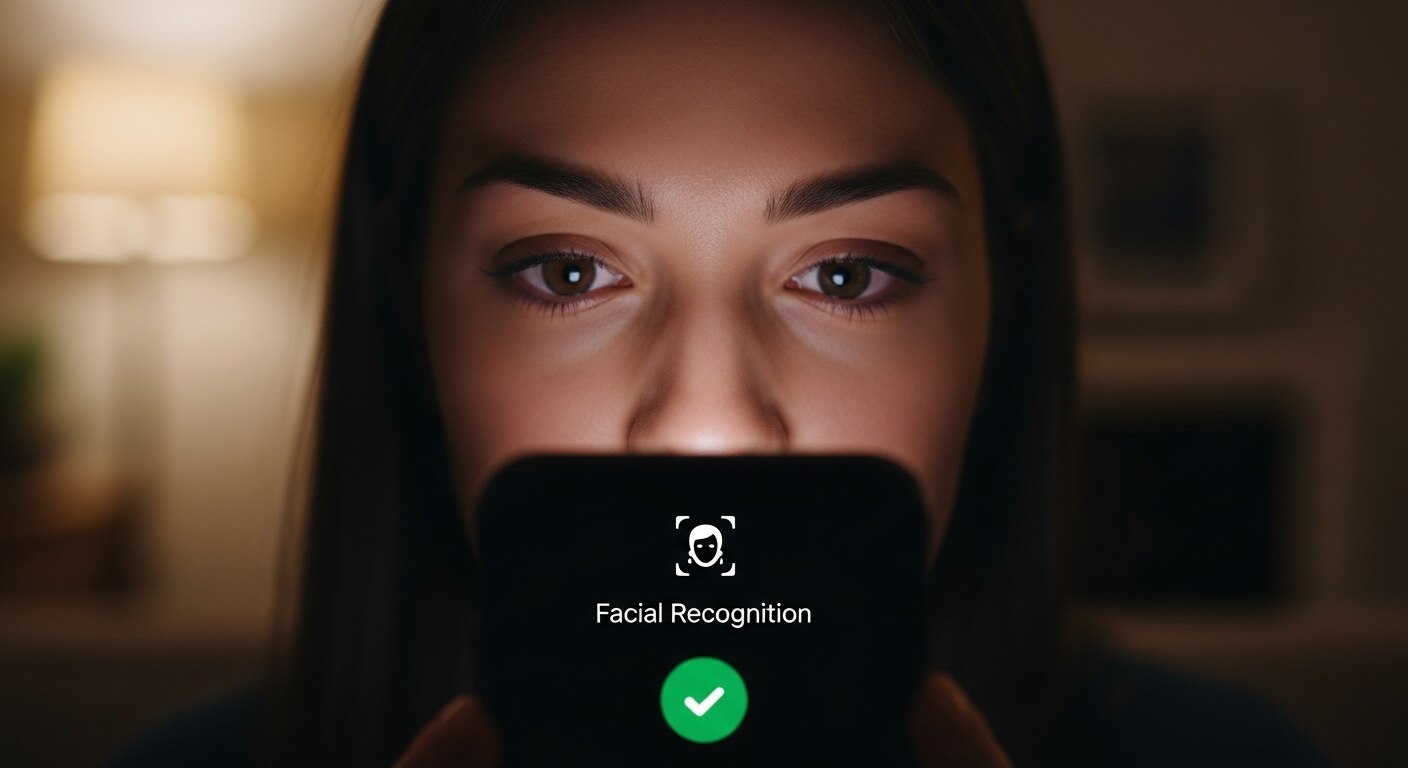 스마트폰 은행 앱 로그인 시 얼굴 인식 보안을 사용하는 장면
