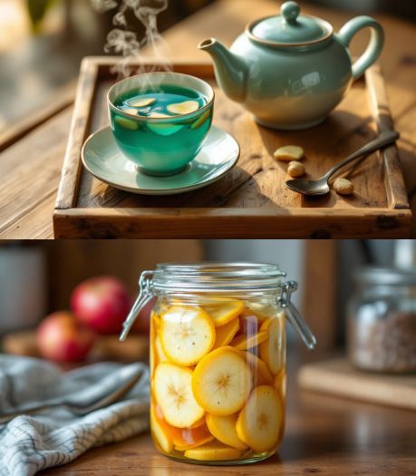 생강이 함께 들어간 따뜻한 도라지차와 찻잔