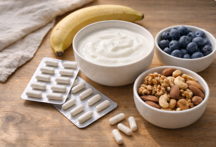 테이블 위에 놓인 유산균 캡슐, 요거트, 바나나, 블루베리, 견과류 등 장 건강에 좋은 음식들