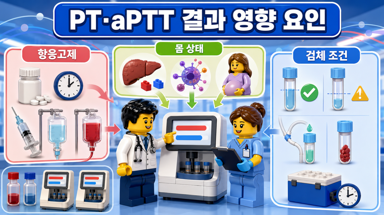 항응고제, 몸 상태, 검체 조건이 PT와 aPTT 결과에 영향을 줄 수 있음을 아이콘으로 보여주는 레고 스타일 의료 인포그래픽