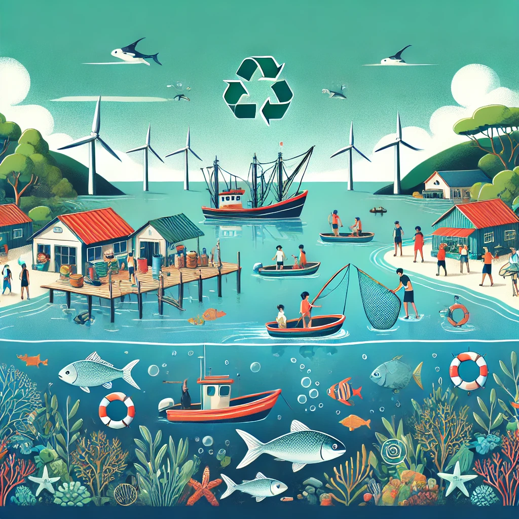 이 이미지는 지속 가능한 어업이 지역 경제에 미치는 긍정적인 영향을 표현하고 있습니다. 친환경 보트를 사용하여 어획하는 어촌 마을, 관광객들이 해산물을 즐기는 모습, 그리고 청정 해양 환경이 함께 묘사되어 있으며, 해양 생태계 보호와 경제적 성장의 조화를 상징합니다. 깨끗한 하늘과 맑은 바다가 배경을 이루며 지속 가능한 어업이 지역 사회와 환경에 미치는 긍정적인 가치를 나타내고 있습니다.