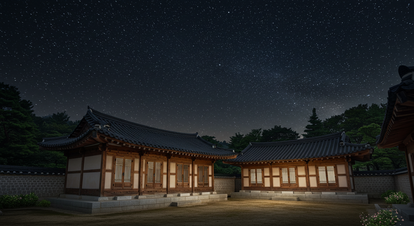 별이 빛나는 밤, 고즈넉한 경주 한옥의 기와지붕과 처마