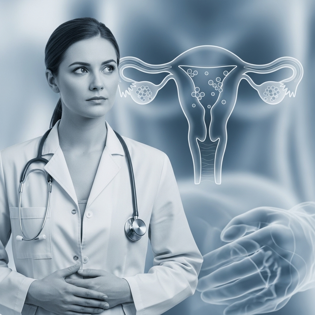 관계 후 출혈과 자궁근종으로 인해 고민하는 여성이 복부를 감싸고 있는 모습