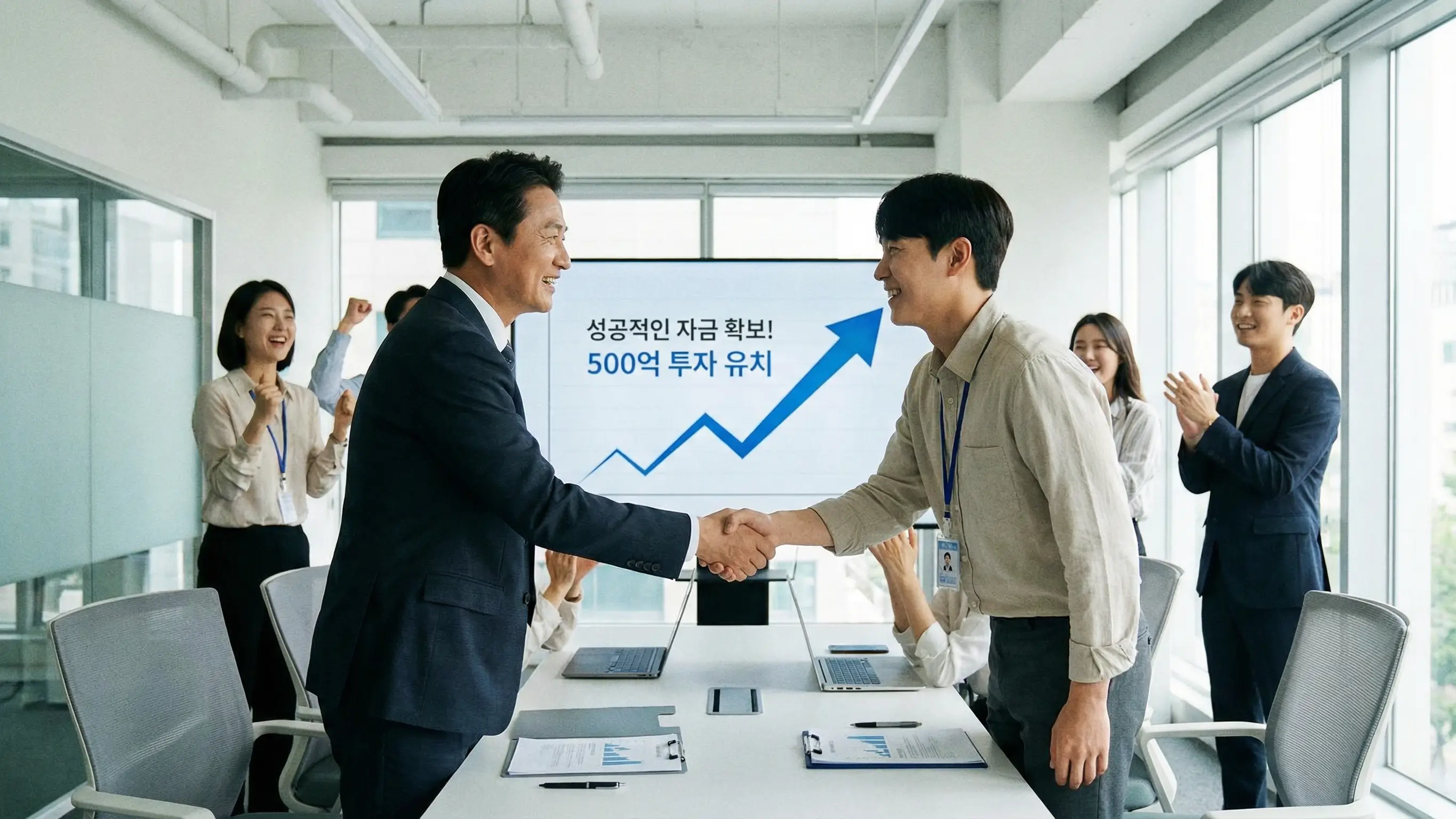 성공적인 자금 확보 후 악수하는 사장님과 직원, 배경에는 상승하는 그래프와 밝은 사무실