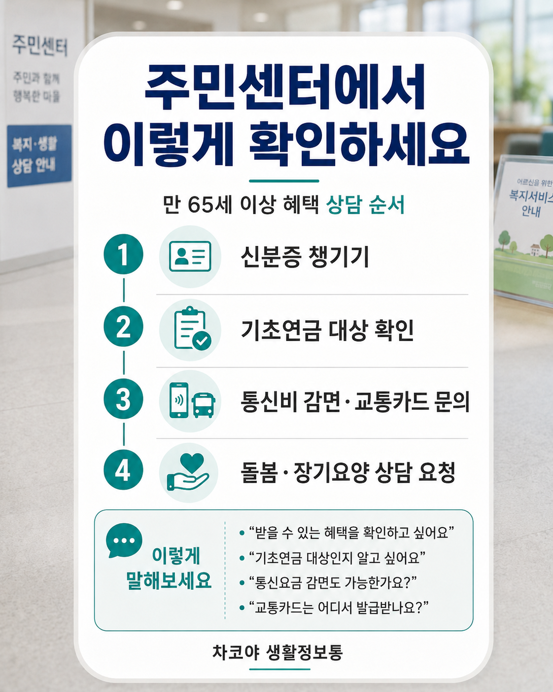 주민센터에서 신분증 기초연금 통신비 감면 교통카드 돌봄 상담 순서를 확인하는 이미지