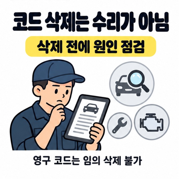 코드 삭제는 수리가 아니며 영구 코드는 임의 삭제할 수 없다는 문구와 보고서를 확인하는 정비사 및 차량 점검 아이콘 그림