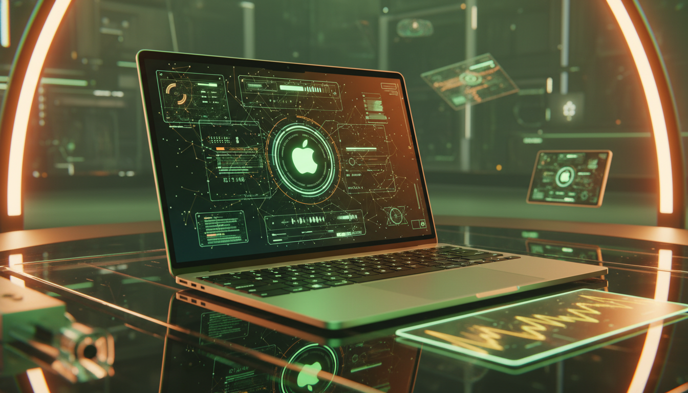 2026년 M5 칩셋을 탑재한 맥북에어가 미래적인 작업 공간에 놓여 있는 모습. 강력한 성능과 세련된 디자인을 강조합니다.