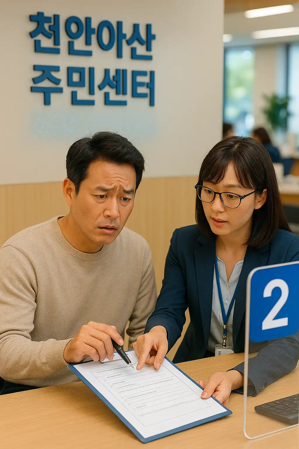 천안아산 주민센터에서 긴급복지 상담을 받는 민원인과 서류를 설명하는 직원 모습