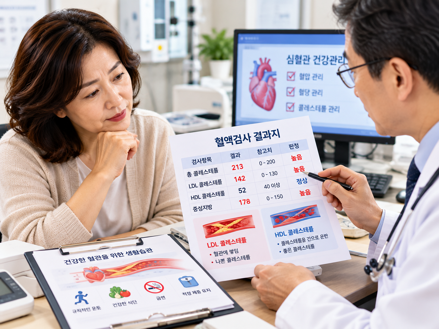 병원에서 콜레스테롤 혈액검사 결과를 상담하는 중년 여성과 의사
