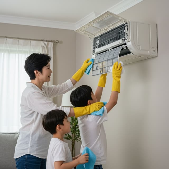 여름 이후 에어컨 필터 세척 장면