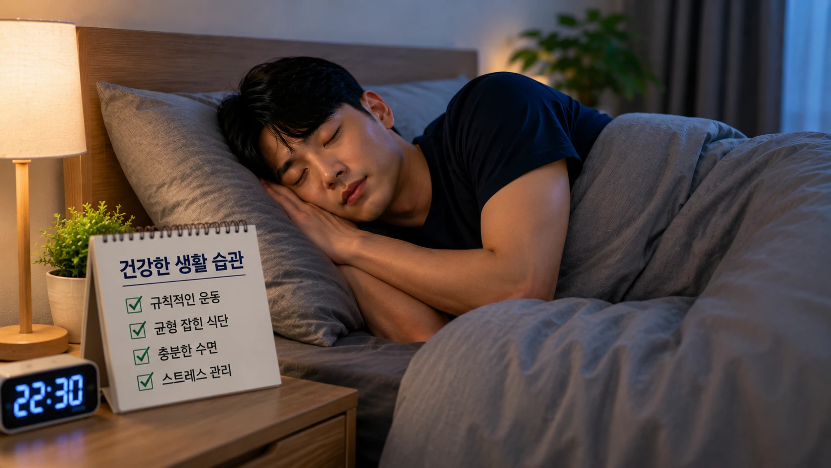 대사증후군 예방을 위해 충분한 수면과 건강한 생활습관을 실천하는 청년 남성 모습