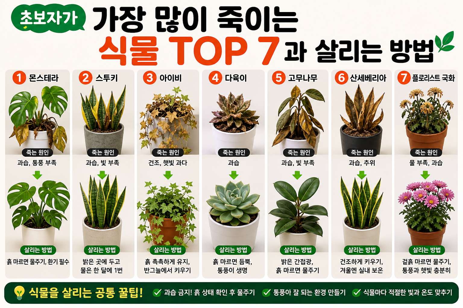 초보자가 가장 많이 죽이는 식물 TOP 7과 살리는 방법