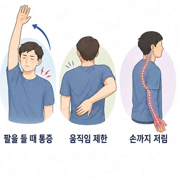 팔을 들 때 통증, 움직임 제한, 손까지 저림이 나타나는 증상별 구분