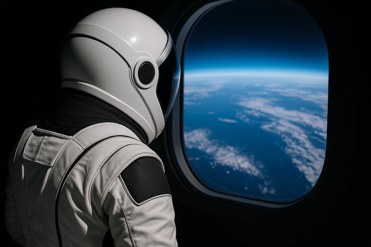우주복을 입은 일반인이 창밖으로 푸른 지구를 바라보는 모습