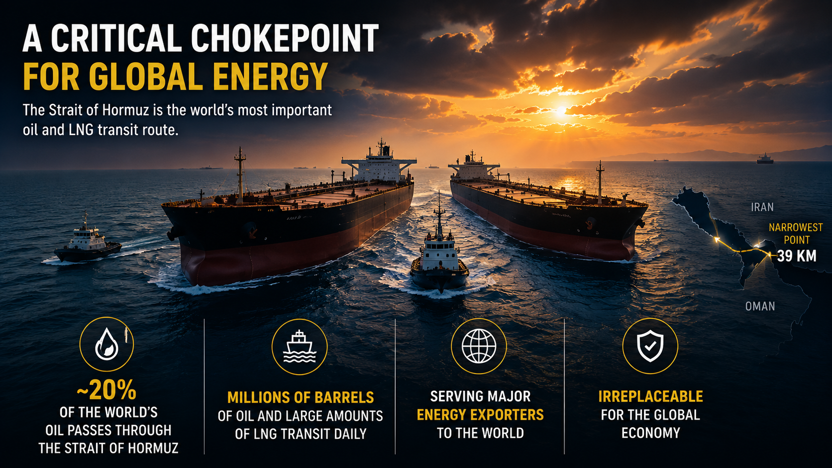 Large oil tankers crossing the Strait of Hormuz amid rising geopolitical tensions in the Middle East.