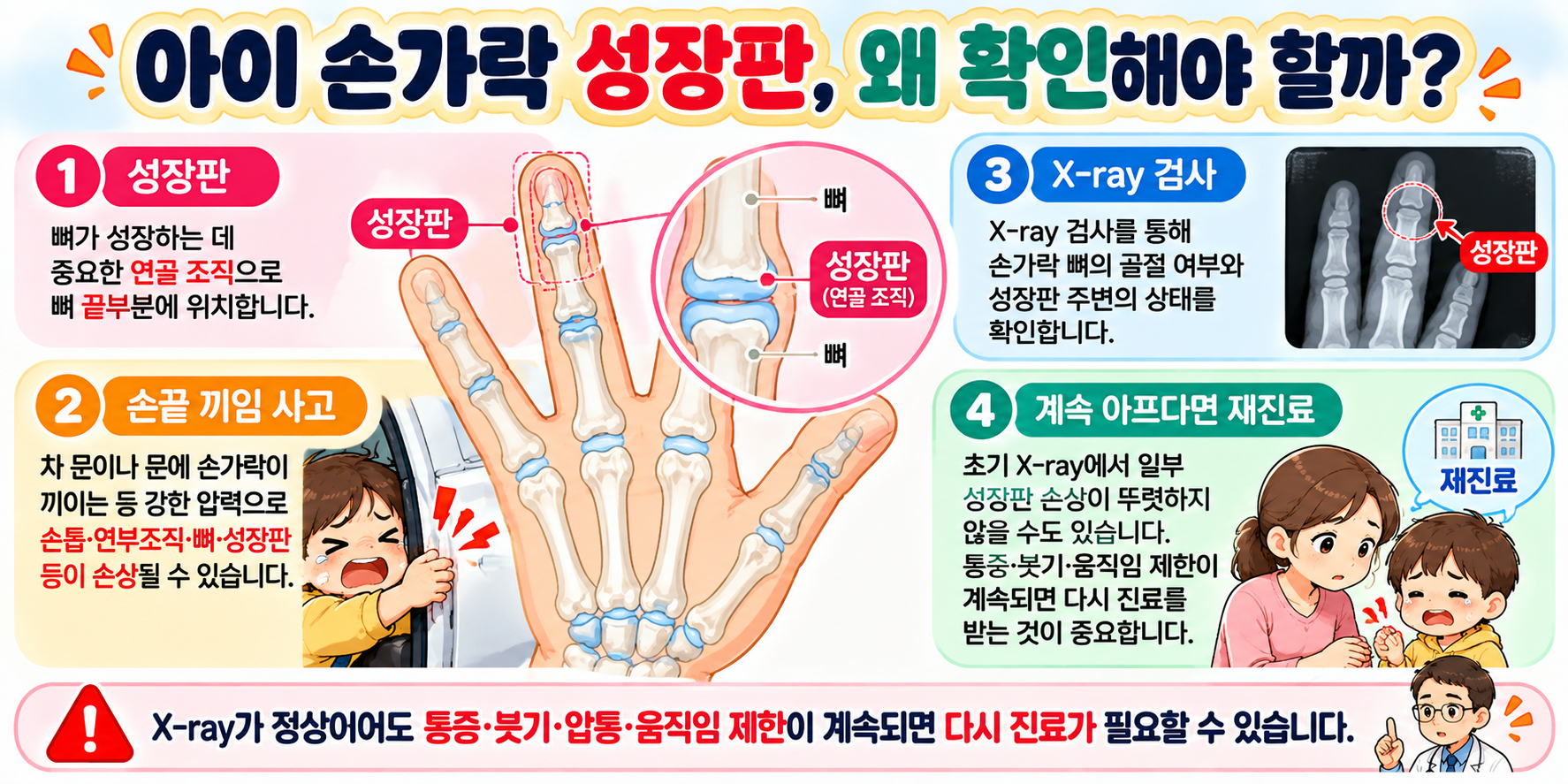 어린이 손가락 성장판의 위치와 차 문 끼임 후 X-ray 검사 및 재진료 필요성을 설명하는 인포그래픽