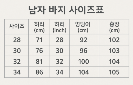 남자 바지 사이즈표