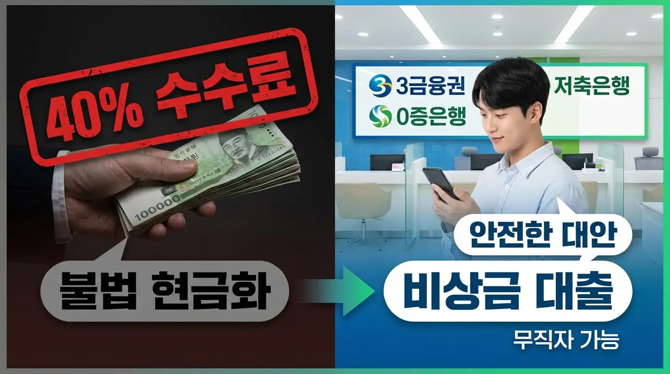수수료 40%를 떼이는 불법 현금화 대신 무직자도 가능한 3금융권 및 저축은행 비상금 대출의 안전한 대안을 제시하는 이미지