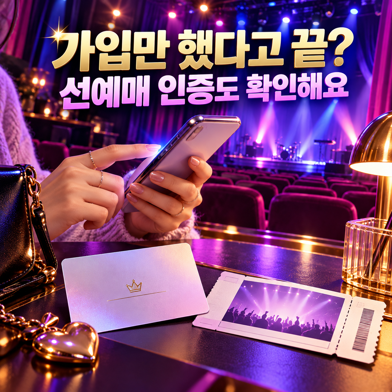 팬클럽 가입 후 선예매 인증 확인을 표현한 휴대전화와 공연 티켓 일러스트