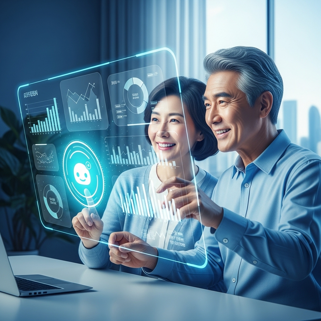 2025년, AI 기반 금융 대시보드를 보며 든든한 은퇴를 계획하는 중년 부부의 모습. 인공지능이 제시하는 맞춤형 재테크 전략으로 평온한 노후를 준비하는 중년의 스마트한 자산 관리를 상징합니다.