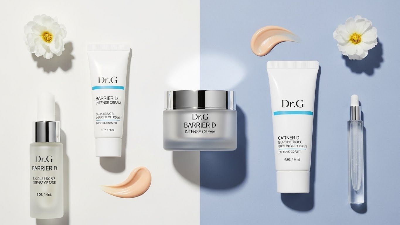 닥터지 배리어 D 인텐스 크림을 중심으로 아침과 저녁 스킨케어 루틴을 보여주는 아름답게 배열된 플랫 레이. 부드러운 클렌저, 수분 공급 토너, 진정 세럼, 크림이 포함되어 있습니다.