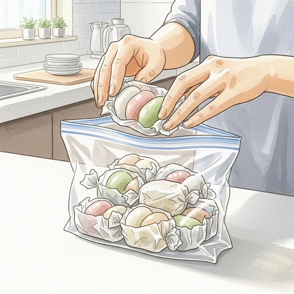 찹쌀떡을 랩에 싸서 냉동 보관하는 모습