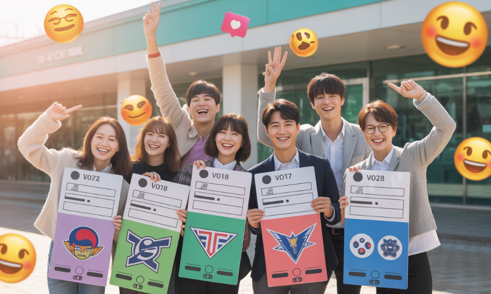 MZ세대가 투표 인증 용지를 들고 SNS에 투표를 독려하는 모습, 다양한 캐릭터와 팬덤 문화가 결합된 창의적인 투표 인증샷 트렌드를 보여줌