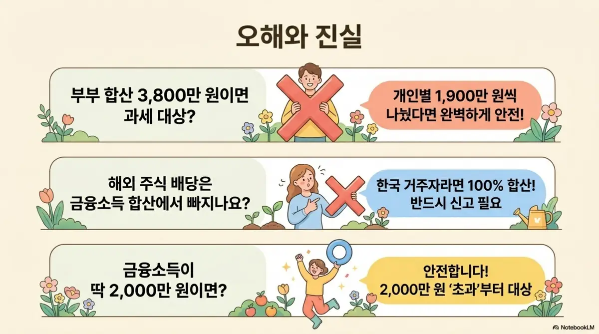 금융소득종합과세 기준: 금융소득종합과세에 대한 오해와 진실 3가지를 카드 형식으로 정리한 인포그래픽 이미지. 첫째 부부 합산 3800만 원이면 과세 대상이라는 오해에 대해 개인별 1900만 원씩 나눴다면 완벽하게 안전하다는 진실을 둘째 해외 주식 배당은 합산에서 빠지느냐는 오해에 대해 한국 거주자라면 100% 합산이며 반드시 신고 필요라는 진실을 셋째 금융소득이 딱 2000만 원이면 과세 대상이냐는 오해에 대해 2000만 원 초과부터 대상이라는 진실을 보여준다. 이 이미지는 금융소득종합과세의 대표적인 오해 3가지를 바로잡는 내용을 시각적으로 전달하며 블로그의 FAQ 섹션과 관련된 내용을 설명함