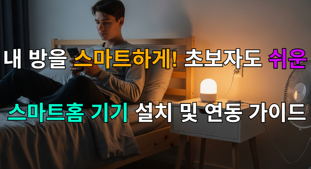 스마트폰으로 침실의 스마트 조명과 스마트 플러그에 연결된 기기를 제어하는 모습