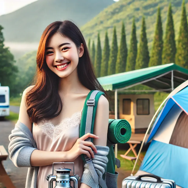 캠핑 장비를 들고 국립공원 입구 근처에서 환하게 웃는 젊은 동양 여성