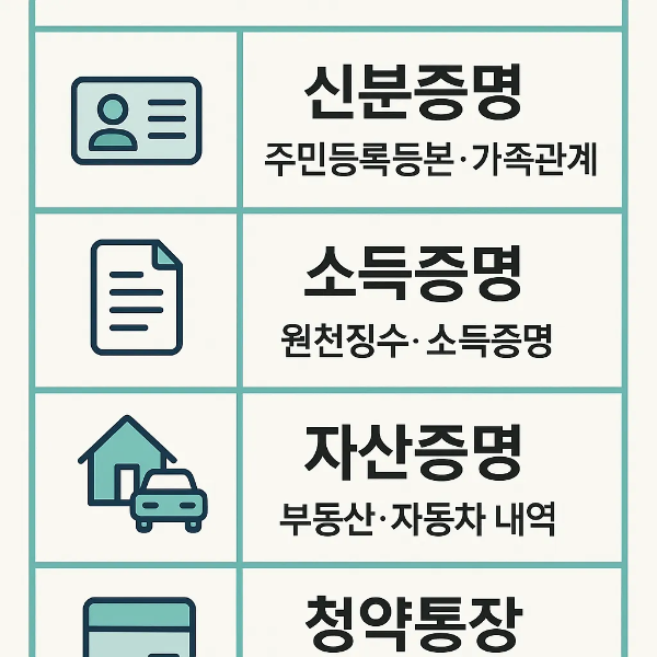 장기전세 청약 신청을 위한 필수 준비서류를 정리한 인포그래픽으로, 신분증명, 소득증명, 자산증명, 청약통장 등 청약 절차에 필요한 자료를 안내합니다.
