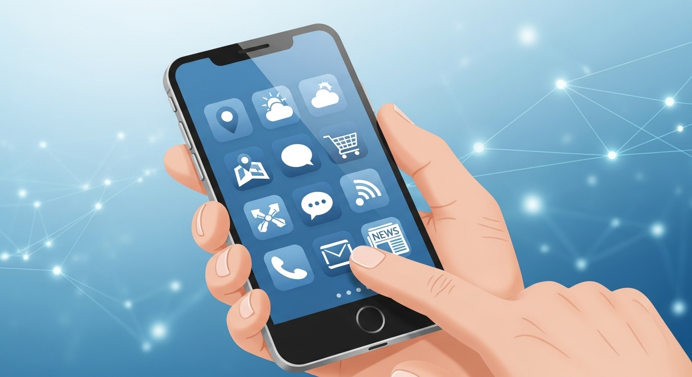 스마트폰 화면에 지도, 날씨, 쇼핑, 메신저 등 다양한 필수 앱 아이콘들이 정렬된 모습. 시니어 사용자가 손으로 스마트폰을 들고 있습니다.