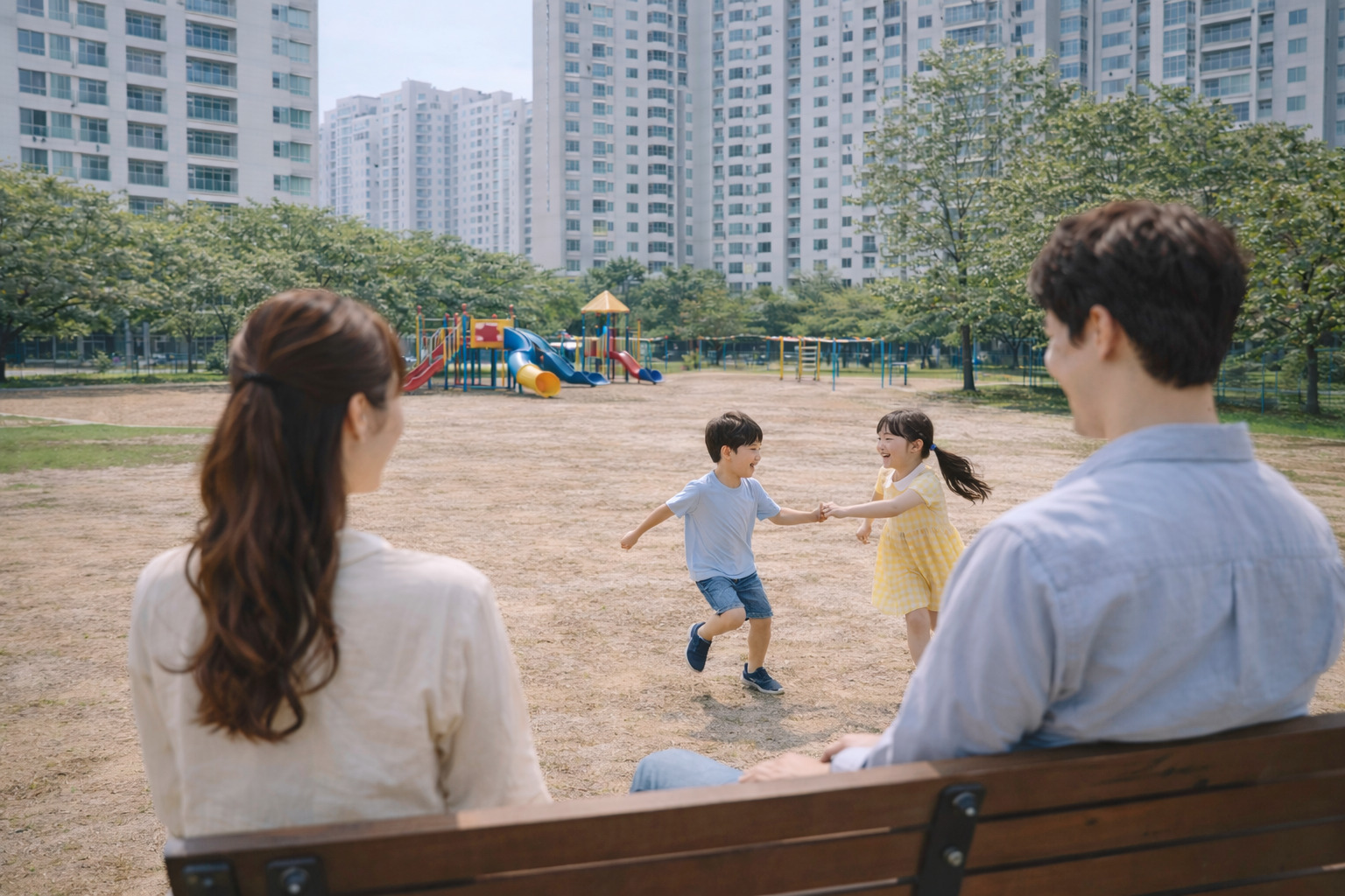 아파트 앞 넓은 놀이터에서 7살 남자아이와 10살 여자아이가 뛰어노는 모습을 젊은 부부가 웃으며 바라보고 있는 장면