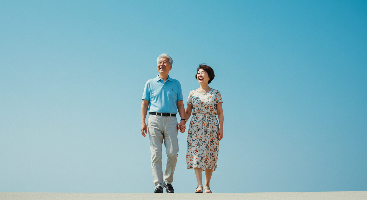맑고 푸른 하늘 아래에서 손을 잡고 함께 걸으며 환하게 웃고 있는 노부부의 모습입니다. 남성은 하늘색 셔츠와 밝은색 바지를 입었고, 여성은 화사한 꽃무늬 원피스를 입어 밝고 경쾌한 분위기를 더합니다. 두 사람의 표정은 행복과 여유로 가득 차 있으며, 건강한 노후와 부부 간의 따뜻한 애정을 상징적으로 보여주는 장면입니다.