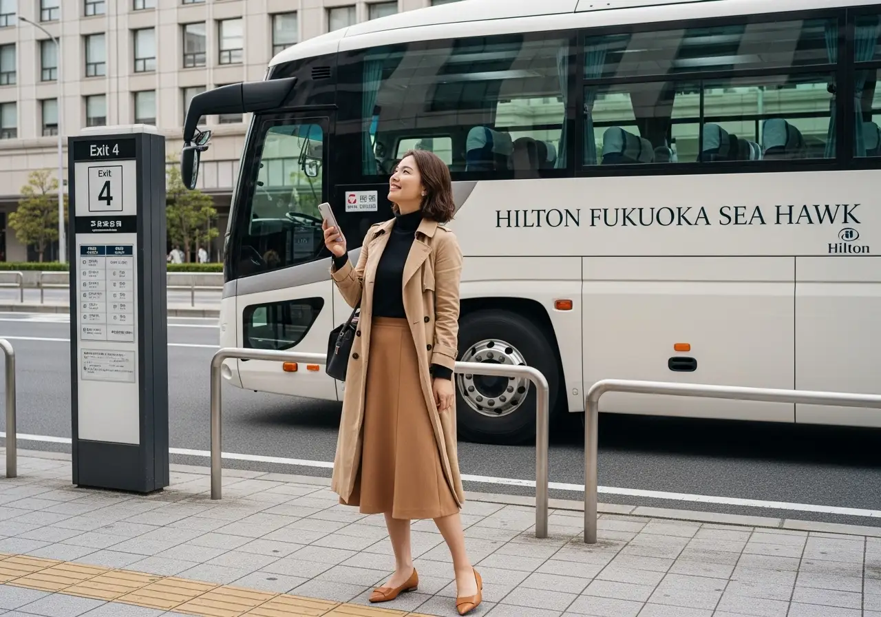 젊은 한국인 여성이 후쿠오카 토진마치역 4번 출구에서 스마트폰으로 시간표를 확인하는 순간, 'HILTON FUKUOKA' 로고가 선명한 40인승 대형 셔틀버스가 도착하고 있다