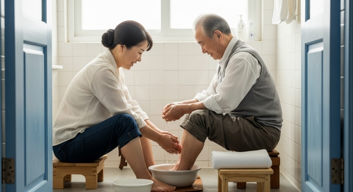 사용 전 깨끗이 발을 씻는 모습