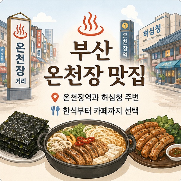 온천장 거리와 국수전골, 곰장어를 함께 표현해 부산 온천장 맛집은 온천장역과 허심청 주변에 다양한 음식점이 모여 있음을 보여 주는 그림