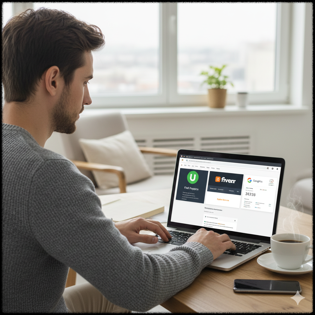 재택에서 프리랜서 플랫폼과 온라인 부업을 병행하는 모습