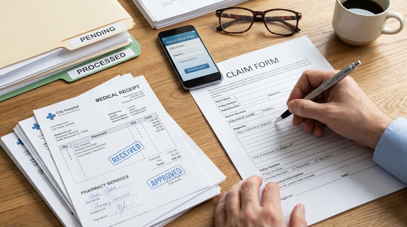 保険金請求書類、医療費領収書、請求フォーム、スマートフォンアプリ、病院の請求書