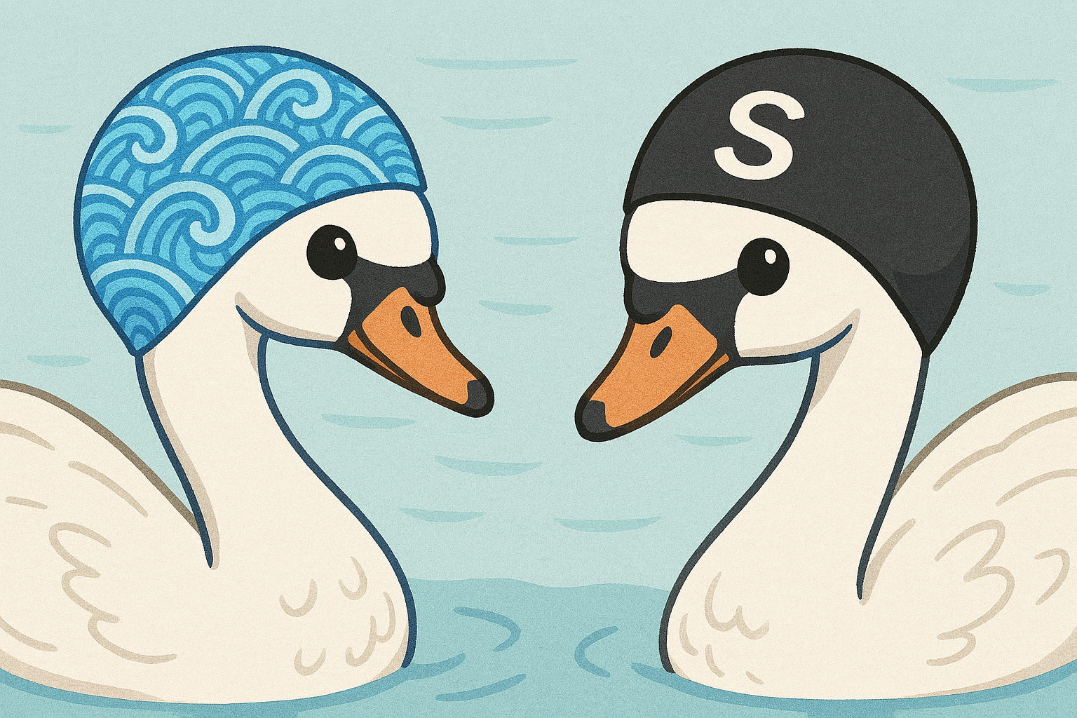 파도 패턴의 파란색 수모를 쓴 백조와 검은 바탕에 S라는 알파벳이 프린팅된 수모를 쓴 백조