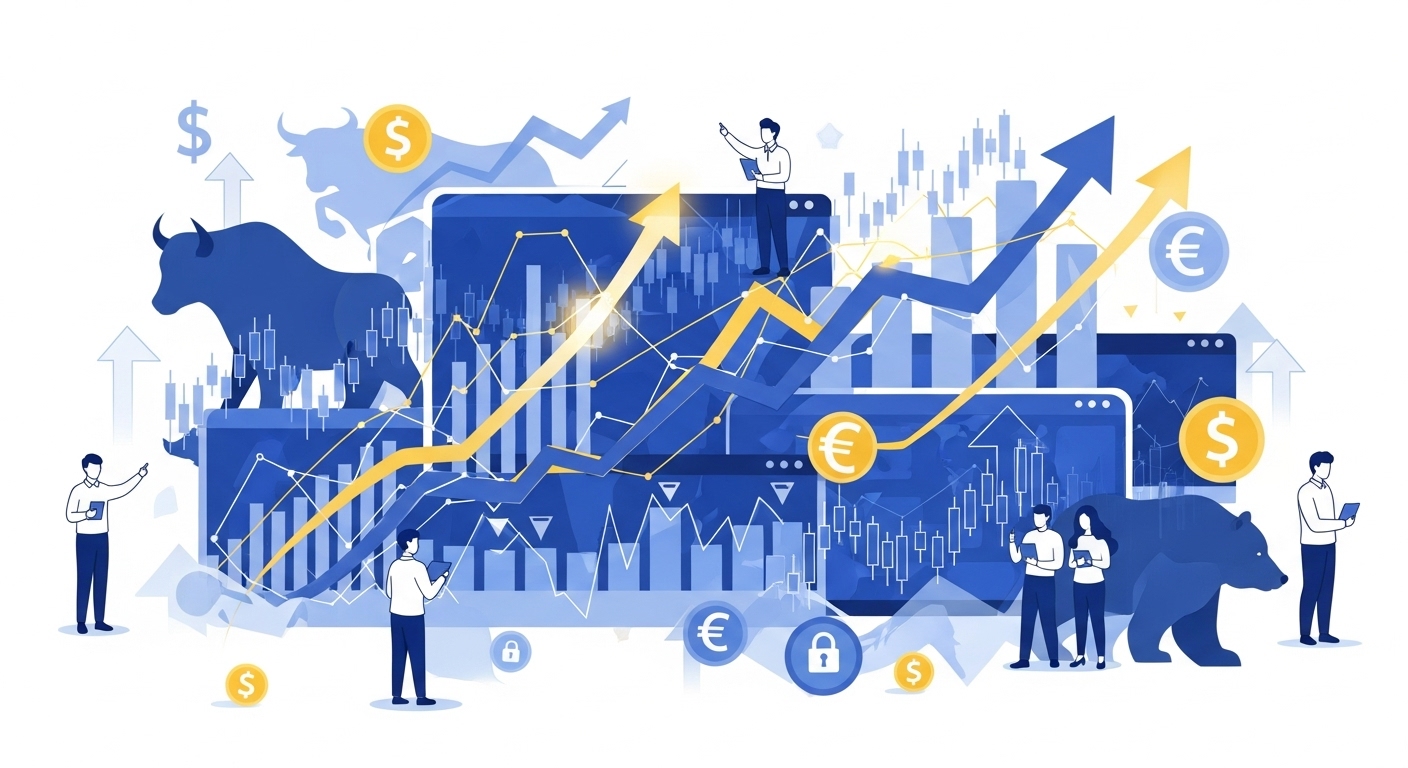 2026년 주식 투자 기회를 상징하는 역동적인 이미지. 상승하는 주식 차트와 투자자가 자신감 있게 거래하는 모습으로 성장 가능성을 표현함.