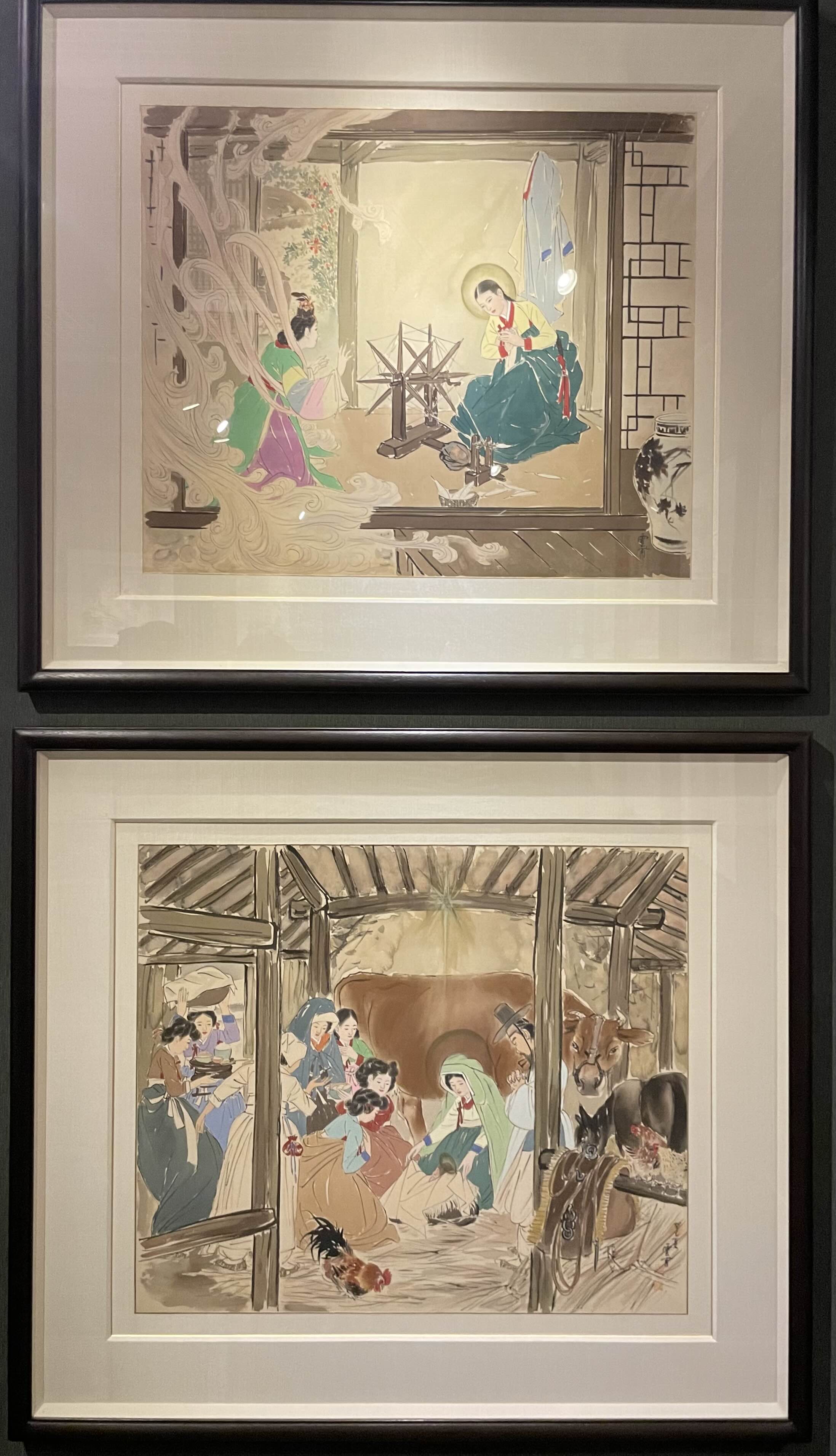 김기창 - 예수의 생애 : 1. 수태고지, 2. 아기예수의 탄생 (1952-1952, 비단에 채색)